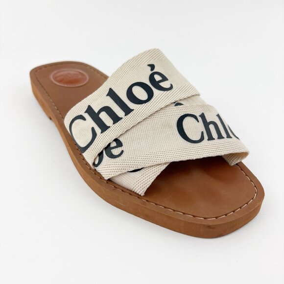 Chloe Woody Logo Canvas Slides Size 40 US 10 Graphic Square Open Toe Sandals - Picture 1 of 10